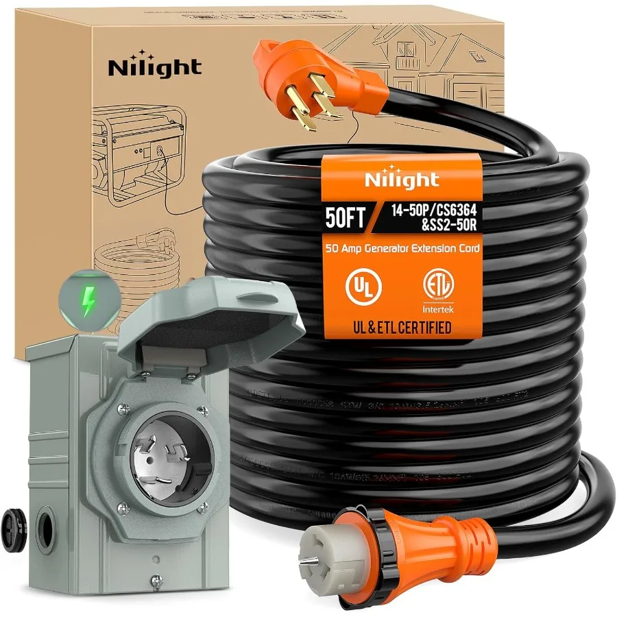 Outdoor Power Inlet Box - สายพ่วงเครื่องกำเนิดไฟฟ้าแบบหนาพิเศษ 50A 50 ฟุต พร้อมกล่องรับไฟสำหรับรถบ้านและใช้งานกลางแจ้ง 125/250V