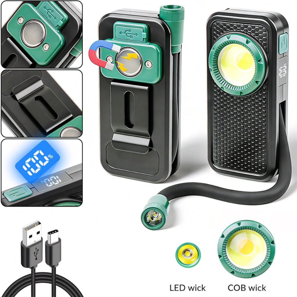 Outdoor Power Usb - ไฟฉายแม่เหล็กแบบใหม่พร้อมคลิปหนีบปากกา สายดัดงอได้ ชาร์จผ่าน USB พร้อมหน้าจอแสดงพลังงานดิจิตอล สำหรับการตรวจสอบกลางแจ้ง