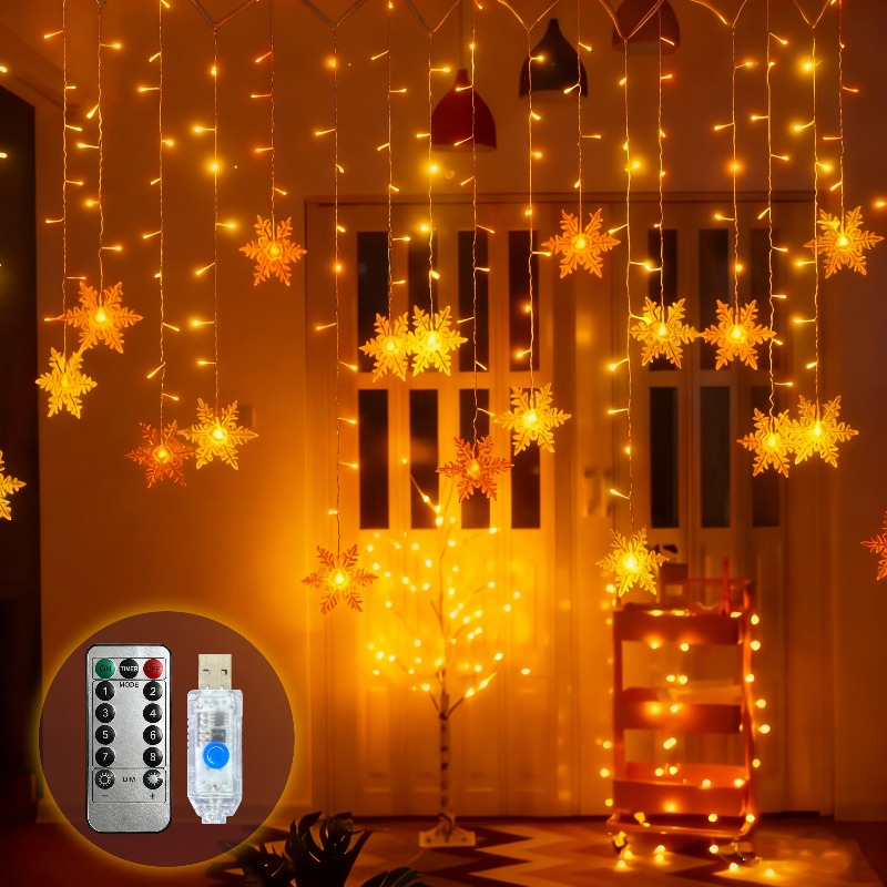 Outdoor Power For Xmas Lights - ไฟม่านรูปเกล็ดหิมะแบบใช้พลังงาน USB พร้อมรีโมทคอนโทรล 8 โหมด ไฟ